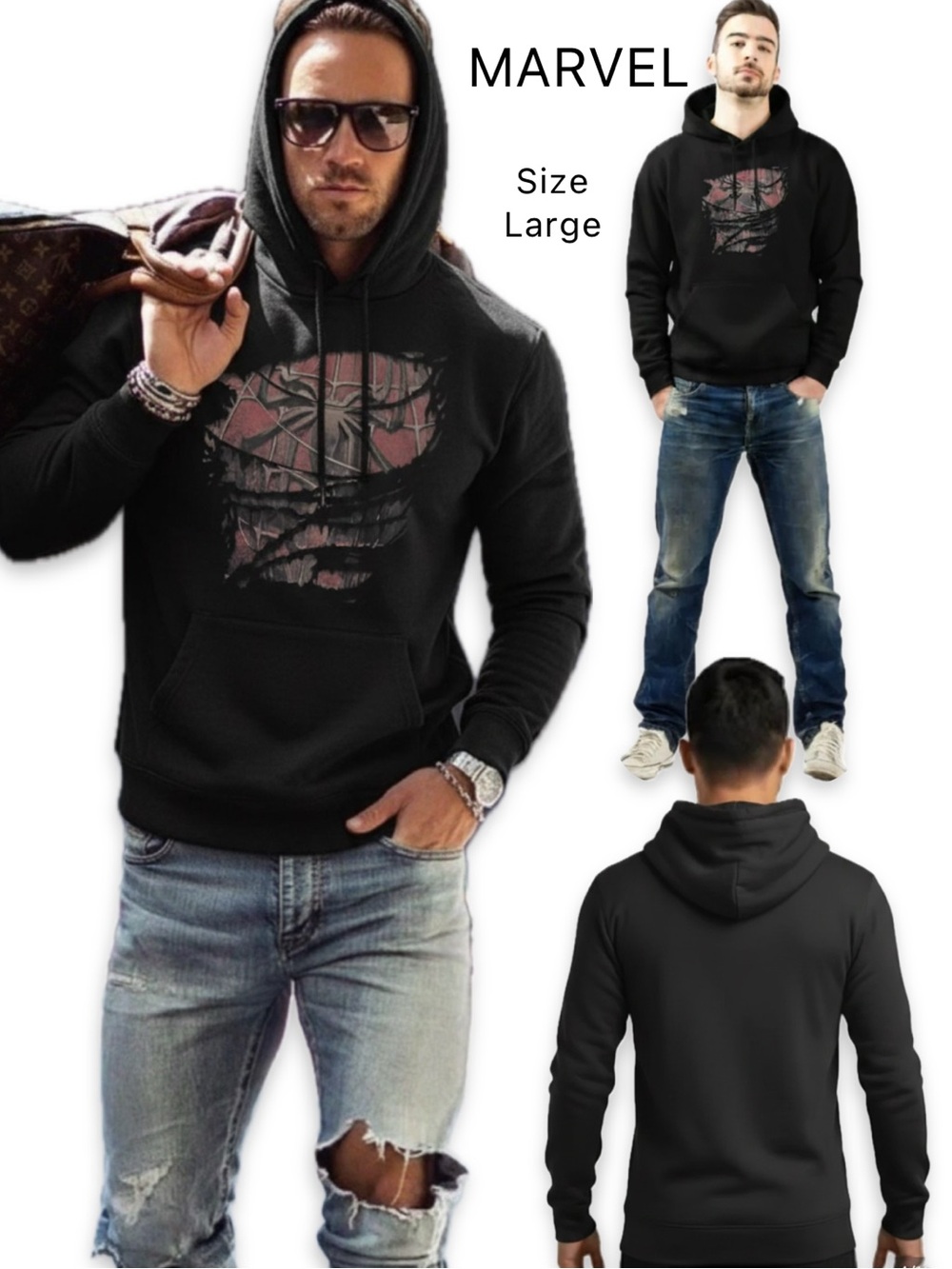 Marvel Black Graphic Hoodie Anime Style Kangaroo Pocket Pullover Large